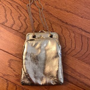Jane Shilton genuine leather gold evening bag with three pockets & snap closure